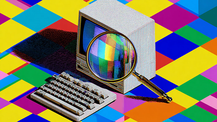 Artistic illustration with a computer and magnify glass representing SEO