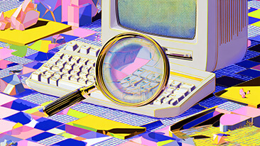 Artistic illustration with a computer and magnify glass representing SEO