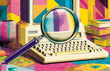Artistic illustration with a computer and magnify glass representing SEO