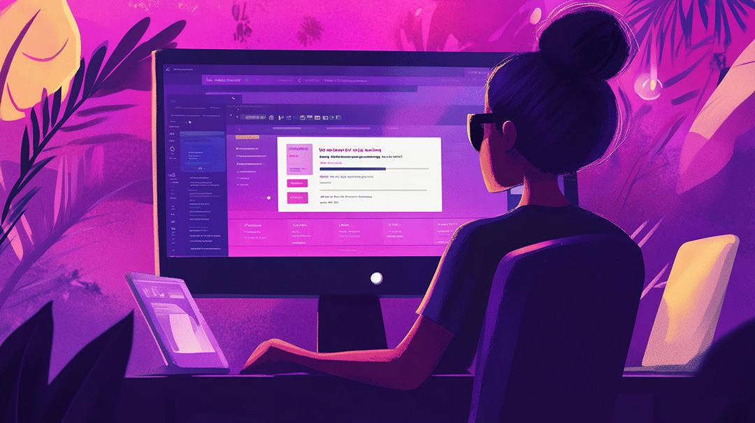 Illustration of a woman looking at a computer screen.