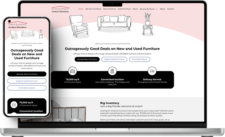 laptop and mobile phone screenshots of Almost Perfect Furniture's website