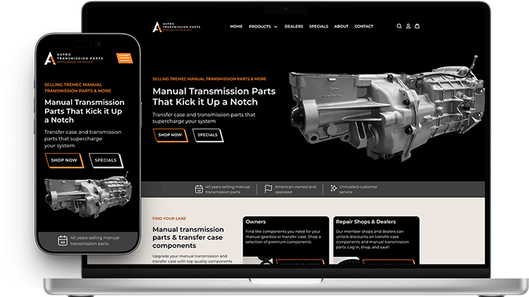laptop and mobile phone screenshot of Astro Transmission Parts' website