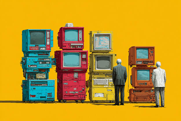 artistic illustration of people looking at old style computers.