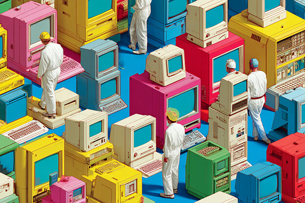 artistic illustration of people looking at old style computers.